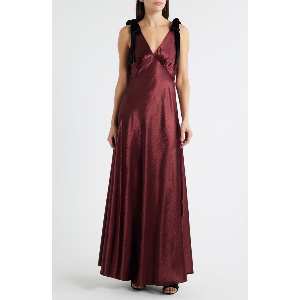 Lucy Paris Holly Velvet Tie Hammered Satin Gown In Burgundy