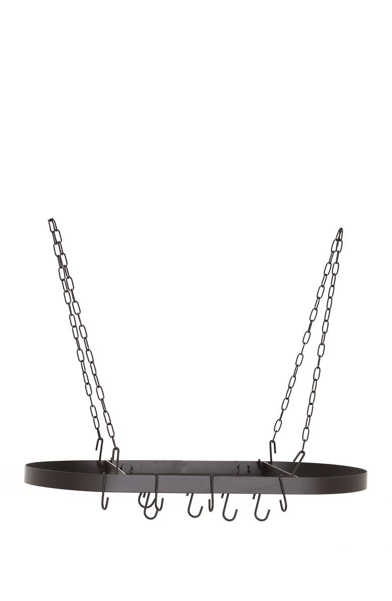 ODI HOUSEWARES Matte Black Light Gauge Oval Hanging Pot Rack & Hooks, Main, color,