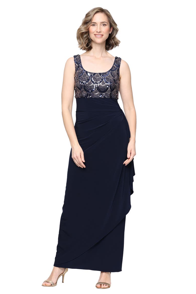 Matte Jersey Two-Piece Gown with Bolero Jacket, Alternate, color, NAVY