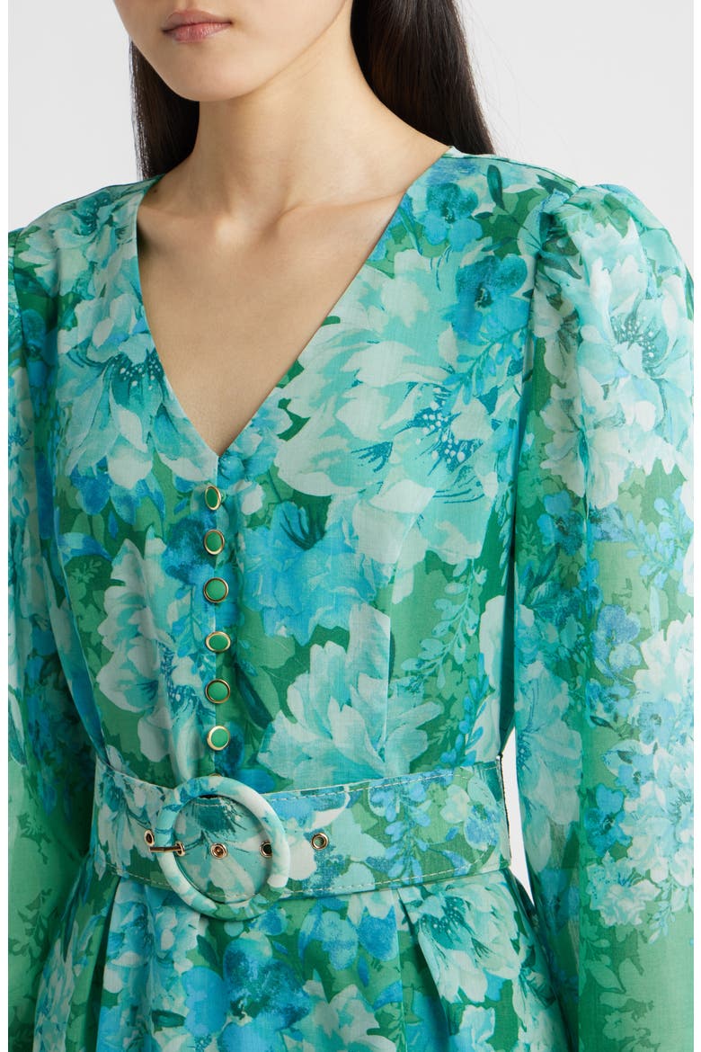 Long Sleeve Floral Print Midi Dress, Alternate, color, GREEN