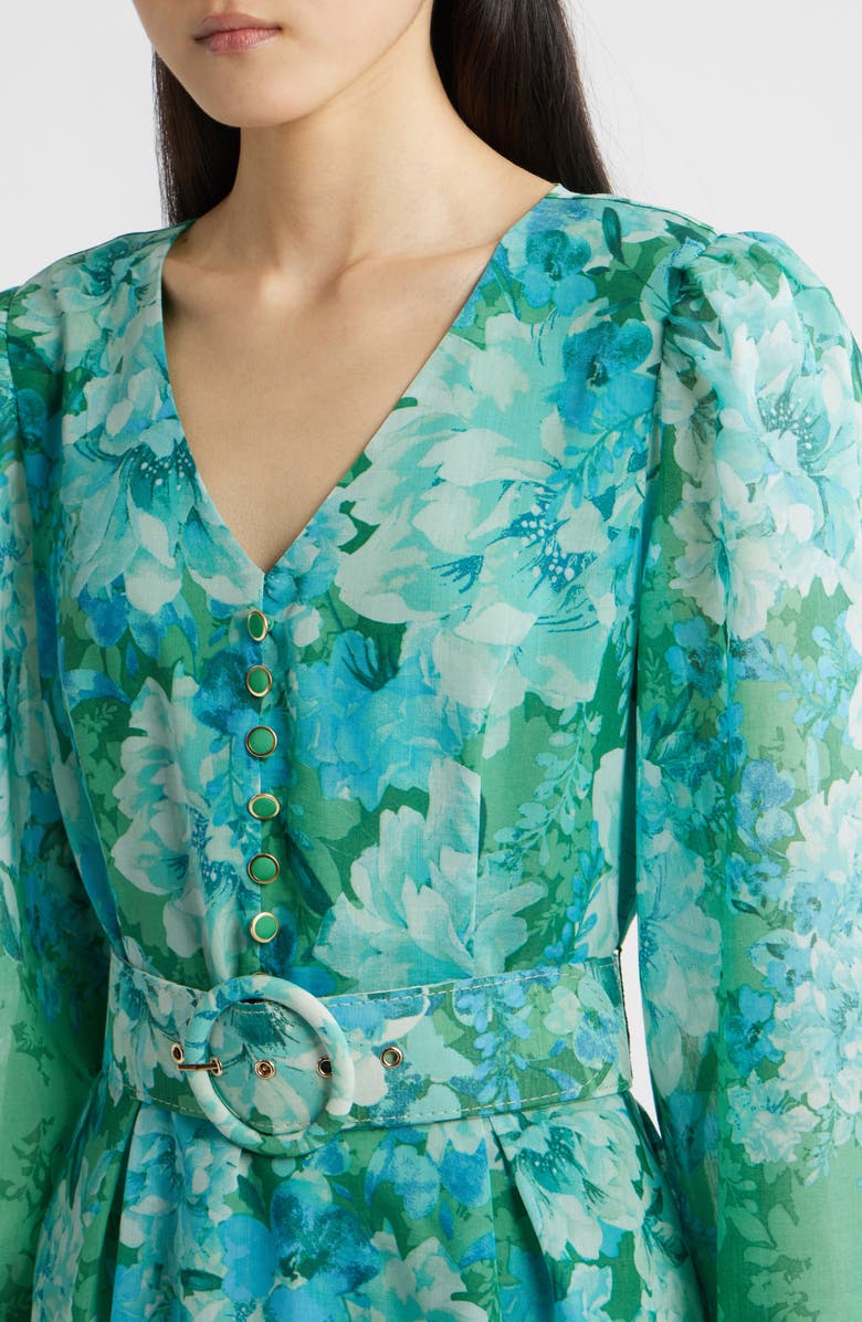 Tahari ASL Floral Belted Long Sleeve Dress, Alternate, color, Green