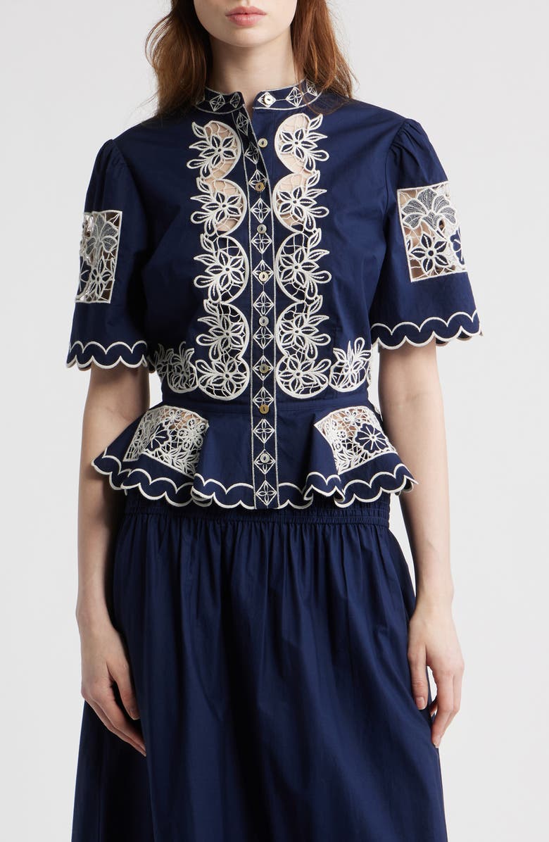 LOVE THE LABEL Elizabeth Embroidered Peplum Top, Main, color, Navy W White Embroidery