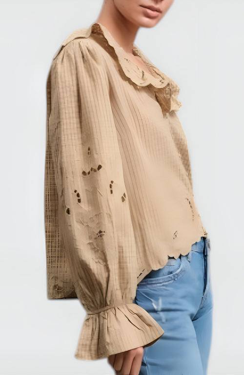 Modenaire Embroidered Scallop Trim Ruffle Collar Long Sleeve Blouse In Brown
