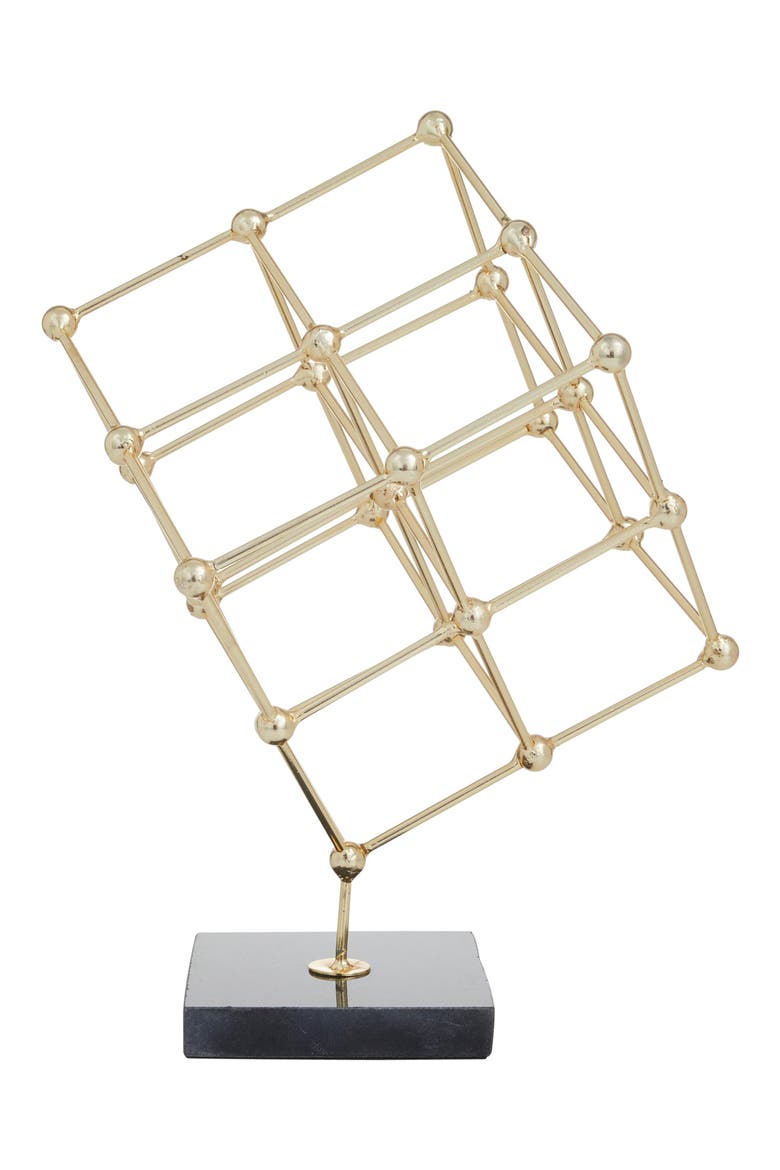 Goldtone Geometric Sculpture with Black Marble Base, Alternate, color, GOLD