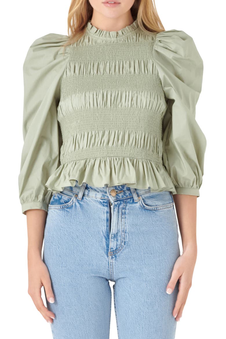Smocked Puff Shoulder Poplin Top, Main, color, SAGE