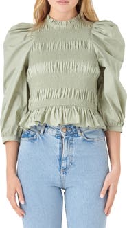 English Factory Smocked Puff Shoulder Poplin Top