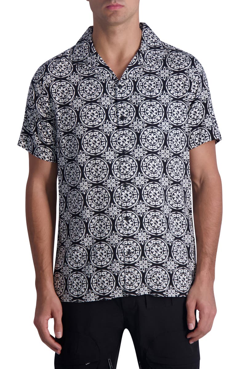 KARL LAGERFELD PARIS Medallion Paisley Print Short Sleeve Shirt, Main, color,