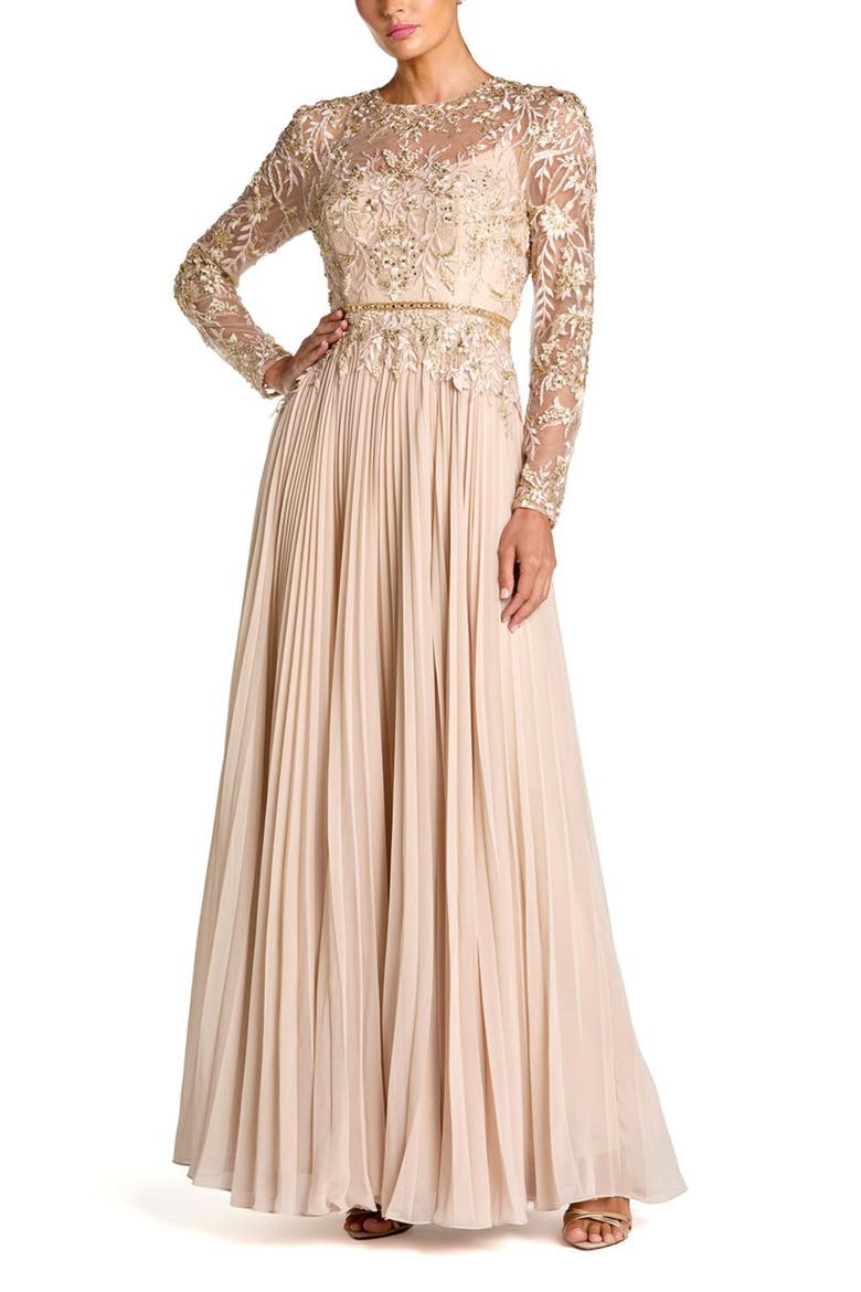 Petite Long Sleeve Chiffon Embellished Gown, Main, color, Taupe