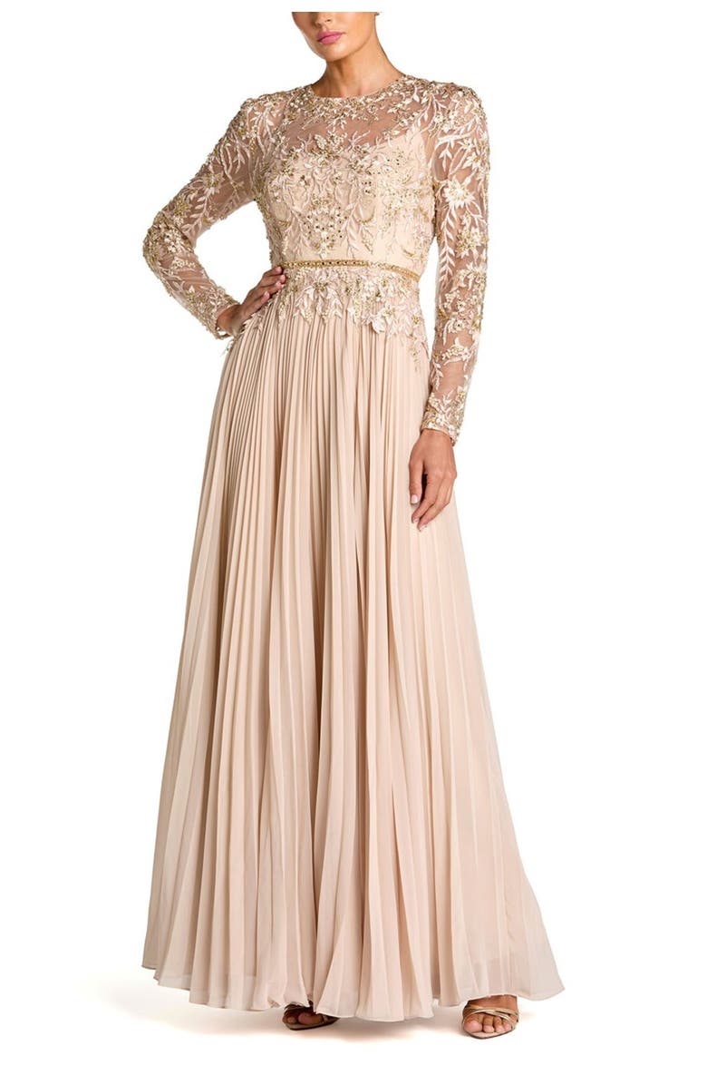 Mac Duggal Petite Long Sleeve Chiffon Embellished Gown, Main, color, 