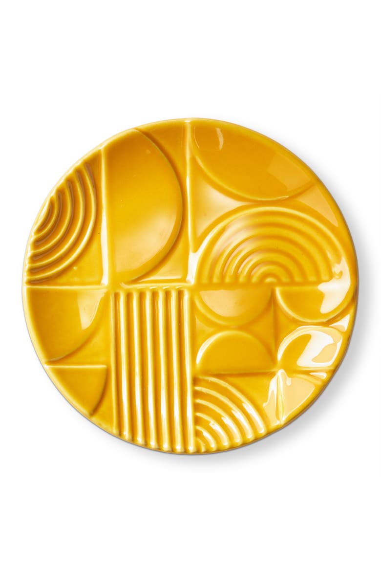 Ochre Earthenware Round Trinket Dish Decorative Box 5x5x0.5 in, Main, color, Yellow