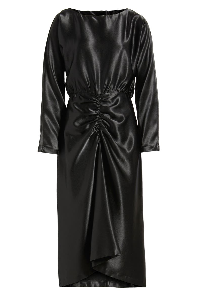Long Sleeve Satin Cocktail Midi Dress, Alternate, color, BLACK