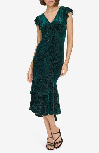 Tommy Hilfiger Flutter Sleeve Empire Dress In Green