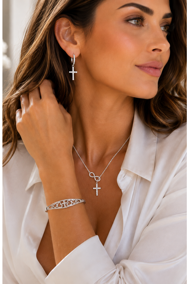 Cross and Heart Faith Engraved Adjustable Cuff Bracelet Let your faith be bigger than your fear, Alternate, color, Silver