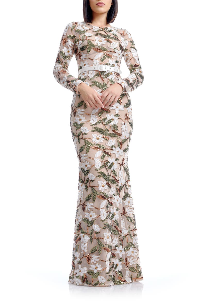 Tamra Sequin Embroidered Long Sleeve Mermaid Gown, Main, color, IVORY MULTI