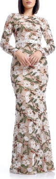 Dress the Population Tamra Sequin Embroidered Long Sleeve Mermaid Gown
