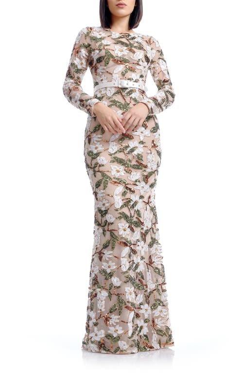 Shop Dress The Population Tamra Sequin Embroidered Long Sleeve Mermaid Gown In Ivory Multi