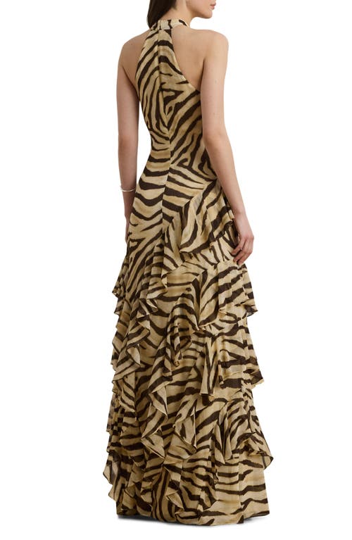 Ralph Lauren Zebra-print Ruffle-trim Georgette Gown In Brown