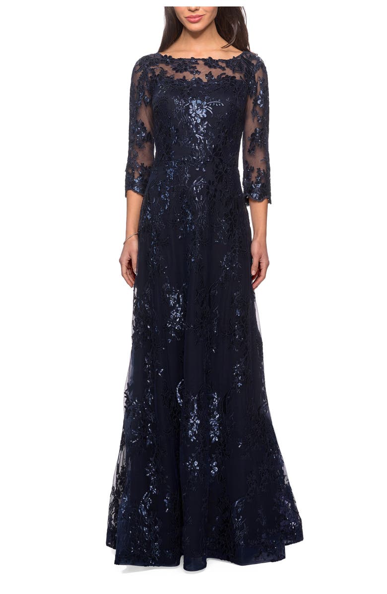 La Femme Long Lace Dress with Sequins and Sheer 3/4 Sleeves, Main, color, Navy
