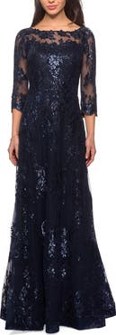 La Femme Long Lace Dress with Sequins and Sheer 3/4 Sleeves