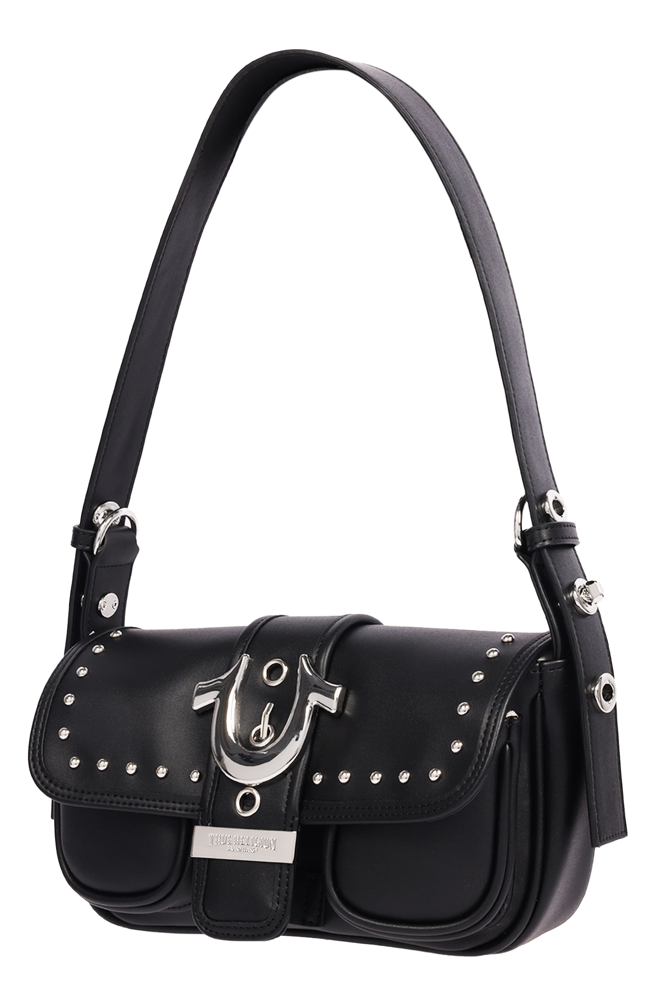 Smooth Moto Studded Faux Leather Shoulder Bag, Alternate, color, BLACK