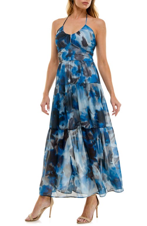 Socialite Halter Neck Tiered Maxi Dress In Blue- Coffee