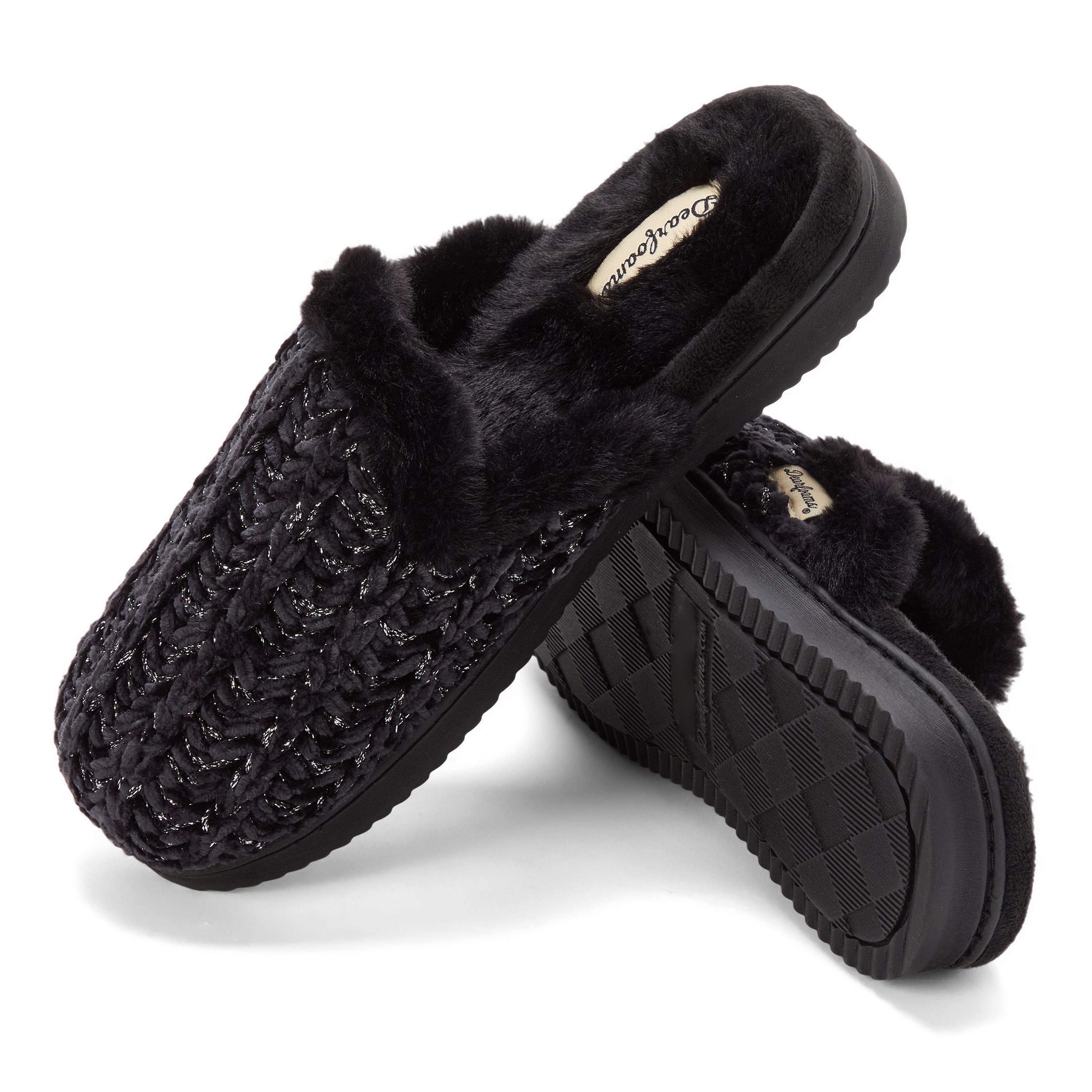 DEARFOAMS Paris Chenille Shaped Tab Scuff Slipper, Alternate, color, Black