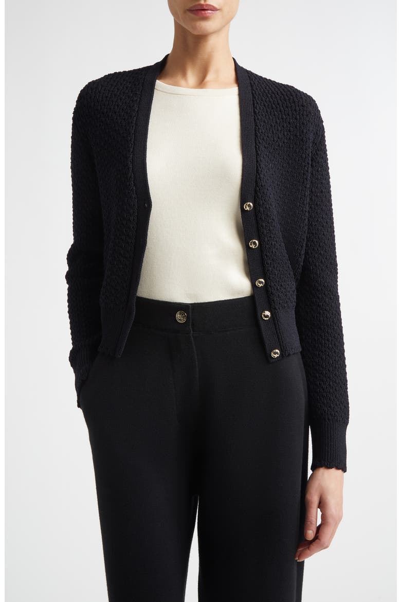 Perlé Crepe Wool Blend Cardigan, Main, color, BLACK