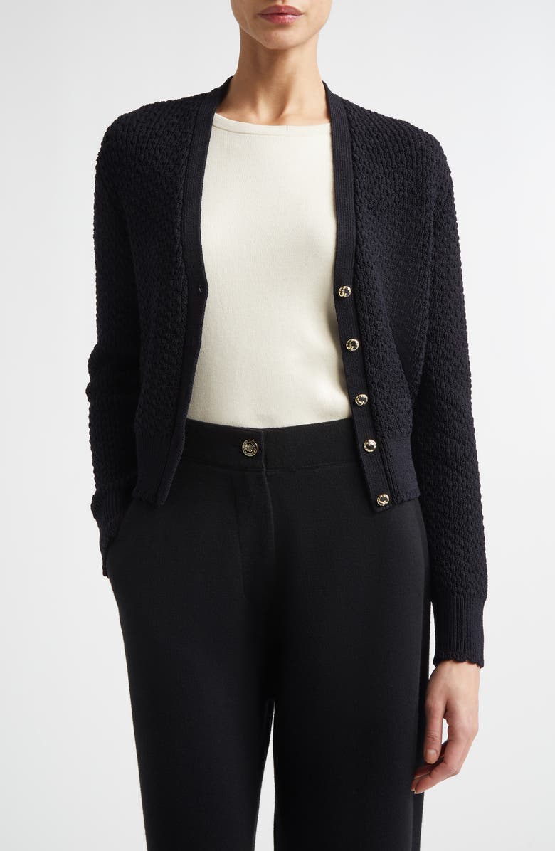 ST. JOHN Perlé Crepe Wool Blend Cardigan, Main, color, Black