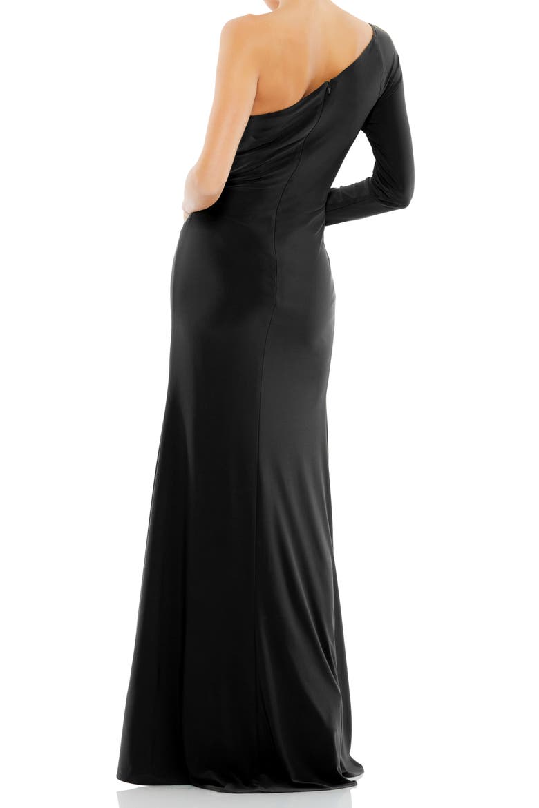 One-Shoulder Long Sleeve Jersey Gown, Alternate, color, BLACK