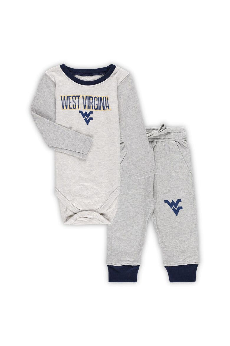 Infant Wes & Willy Heather Gray West Virginia Mountaineers Jie Jie Long Sleeve Bodysuit & Pants Set, Main, color, Heather Gray