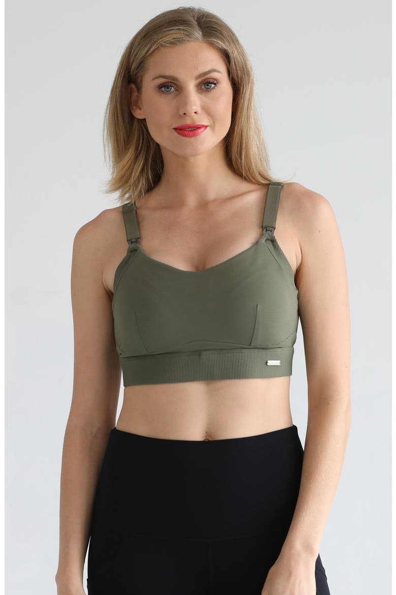 Maeve Run Times Sewn in Cups Nursing and Pumping Sports Bra, Main, color, Dark Olive