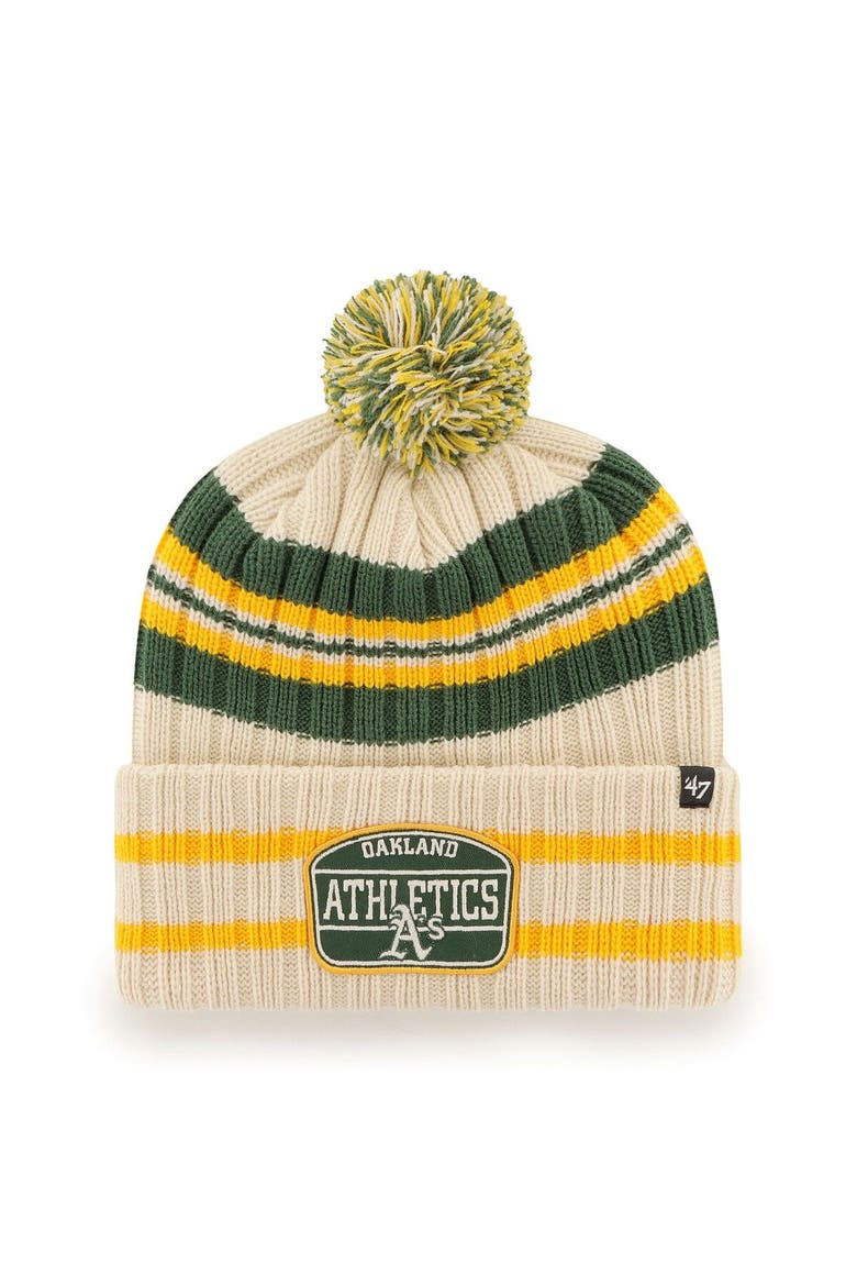 Men's '47 Natural Oakland Athletics Home Patch Cuffed Knit Hat with Pom, Main, color, Natural