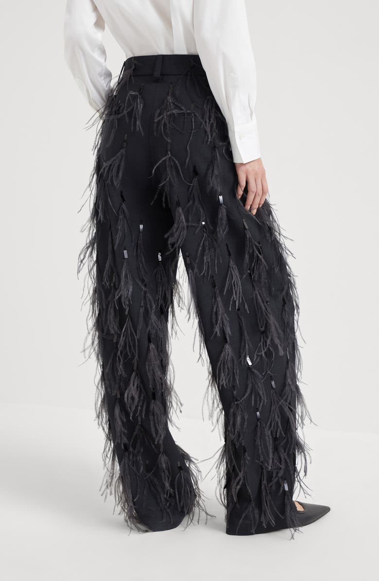 Brunello Cucinelli Tropical luxury wool tailored relaxed trousers with dazzling feather embroidery, Alternate, color,