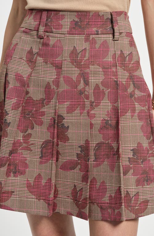 Isaac Mizrahi New York Pleated Floral Plaid Miniskirt In Burgundy
