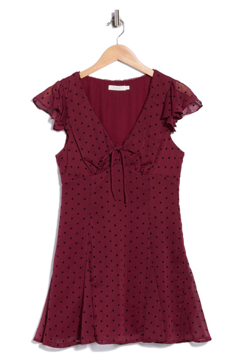 Flutter Sleeve Fit & Flare Minidress, Alternate, color, BORDEAUX DOT