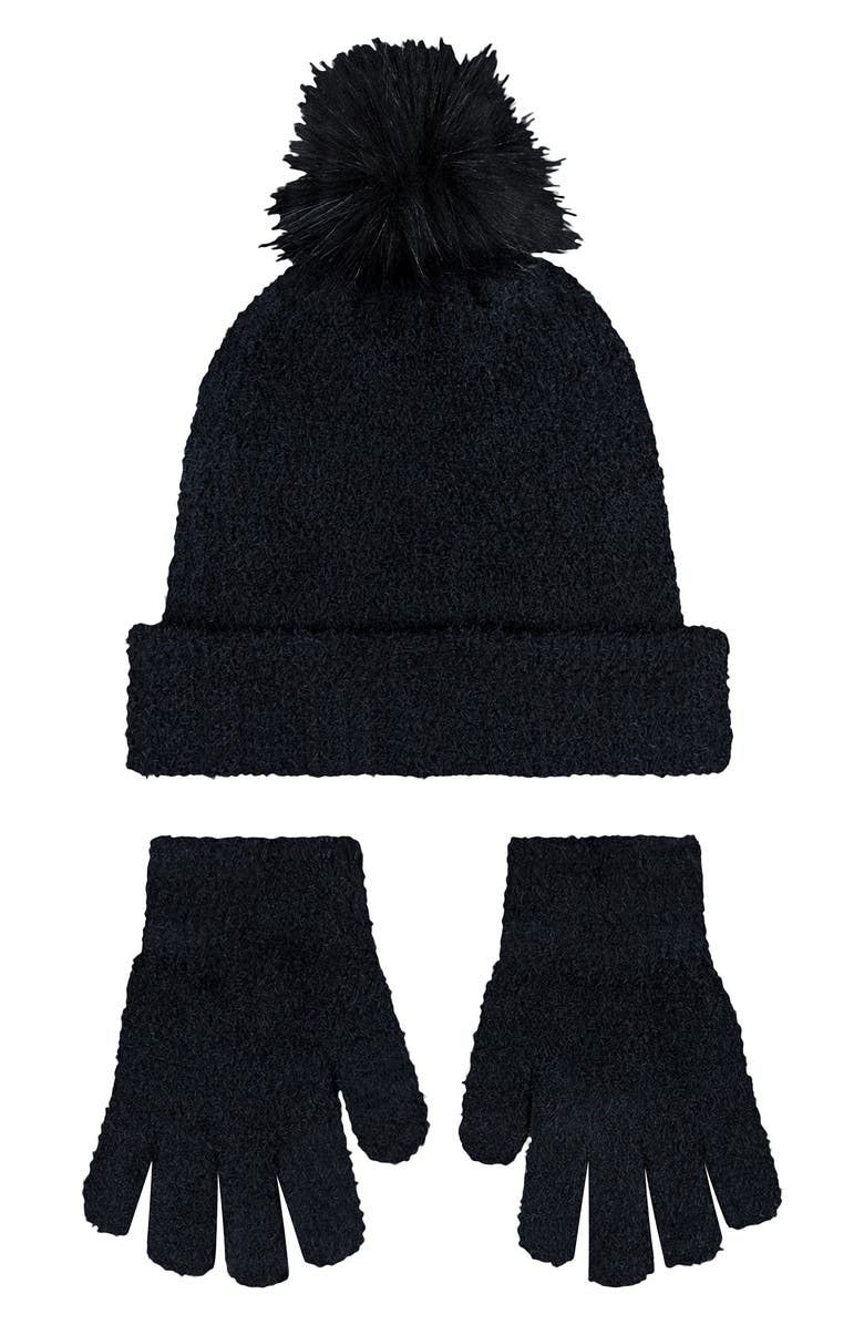 Nike Kids' Swoosh Pom Plush Beanie & Gloves Set, Alternate, color, Black