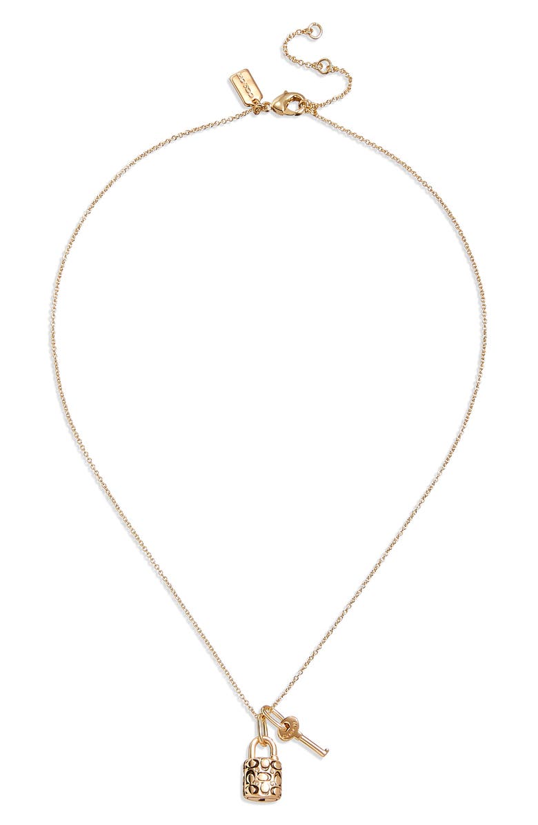 COACH Quilted Logo Charm Necklace, Main, color, Gold