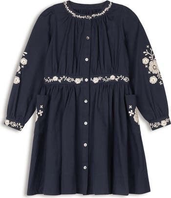 Ely's & Co. Looms Floral Embroidered Waisted Cotton Dress in Navy at Nordstrom, Size 5T