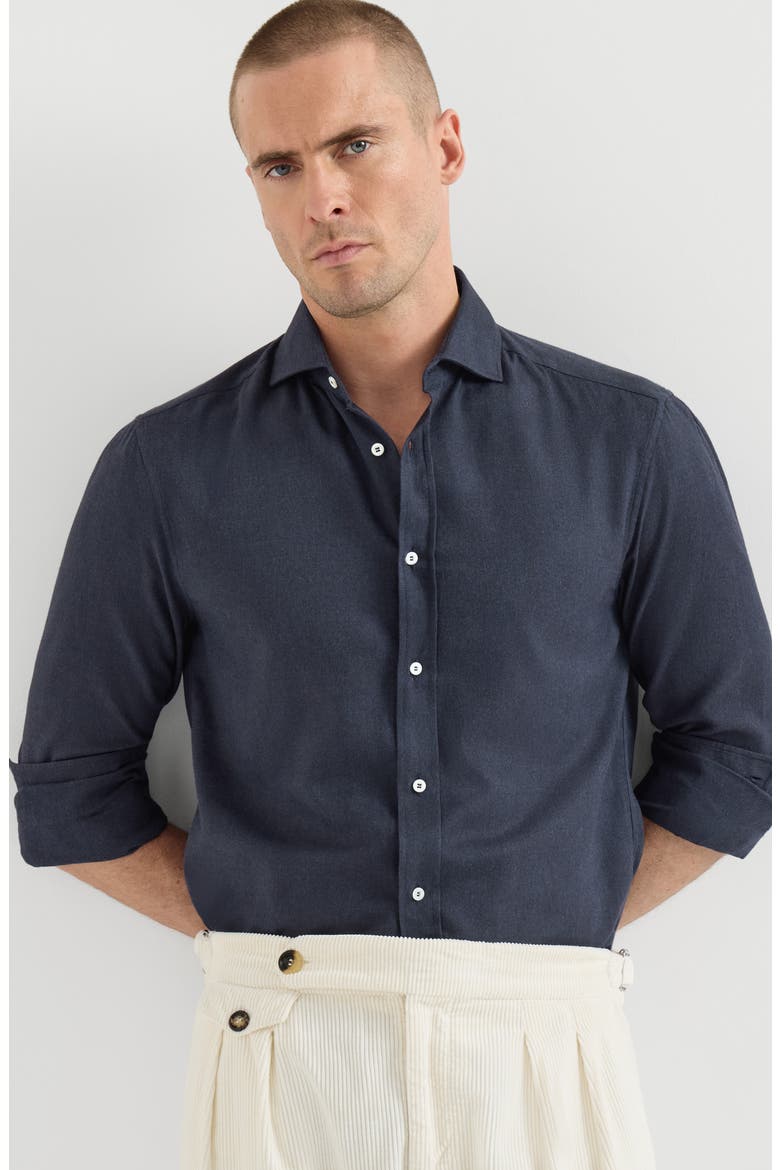 Stretch cotton chevron flannel shirt with spread collar, Alternate, color, Navy Blue