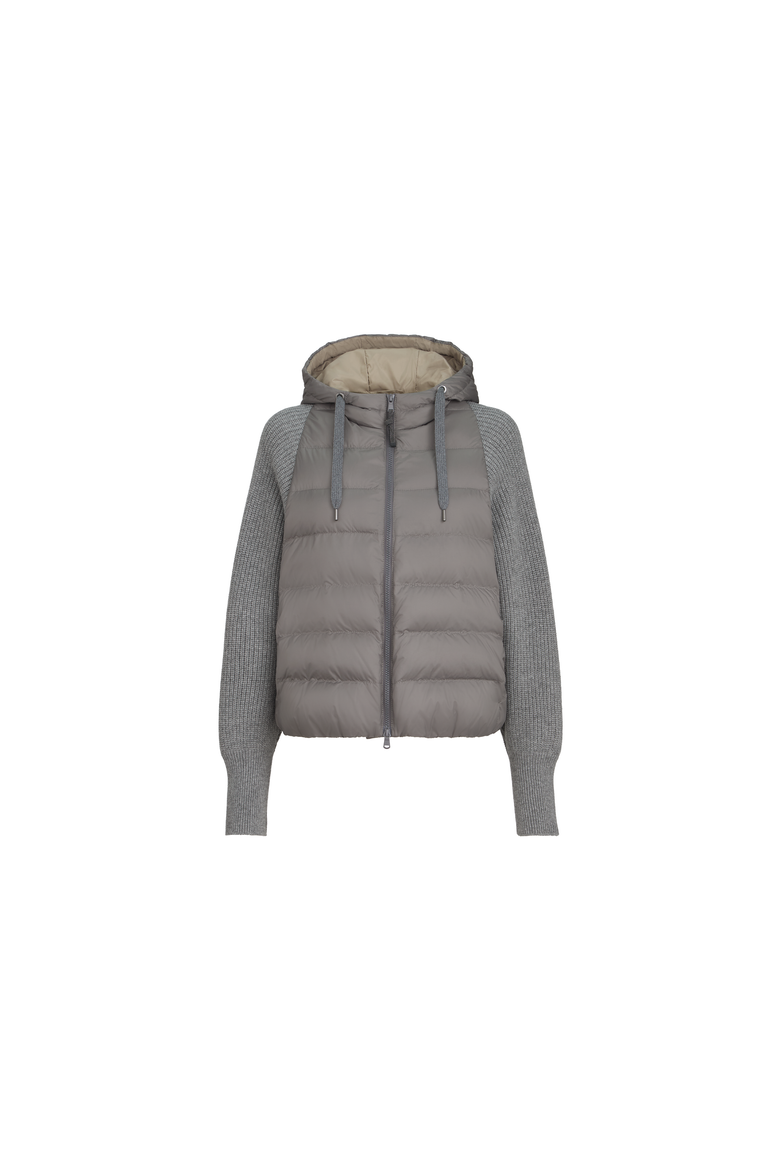 Water-resistant matte nylon hooded down jacket with monili and sleeves in virgin wool, cashmere and silk knit, Alternate, color, Medium Grey