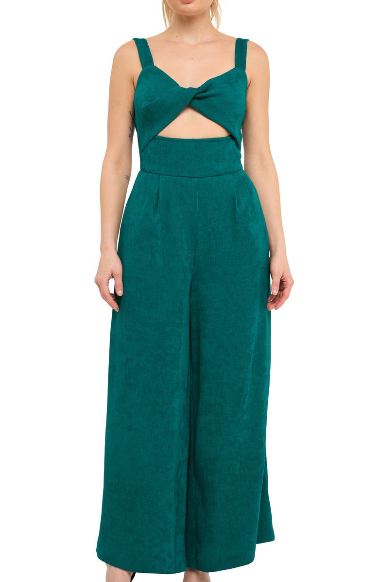 Endless Rose Plissé Cutout Wide Leg Jumpsuit, Alternate, color, Emerald