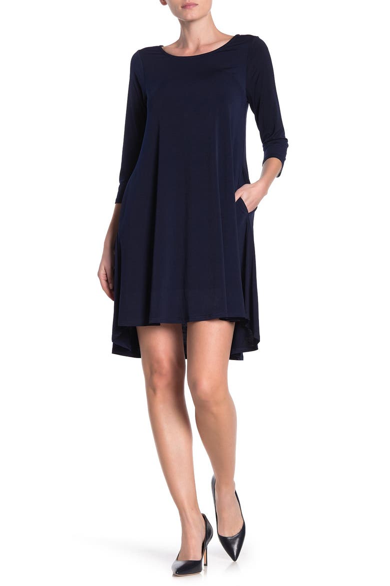 Three-Quarter Sleeve Stretch Knit Trapeze Dress, Main, color, NAVY