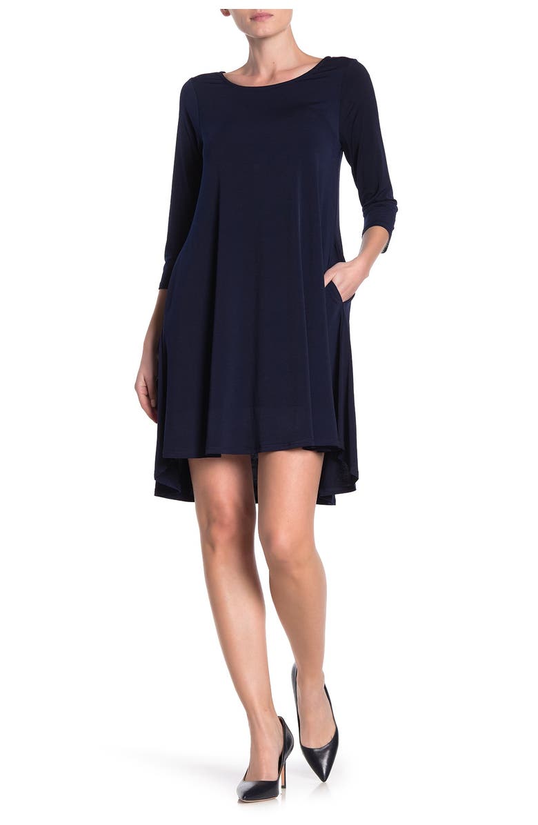 Nina Leonard Three-Quarter Sleeve Stretch Knit Trapeze Dress, Main, color, Navy