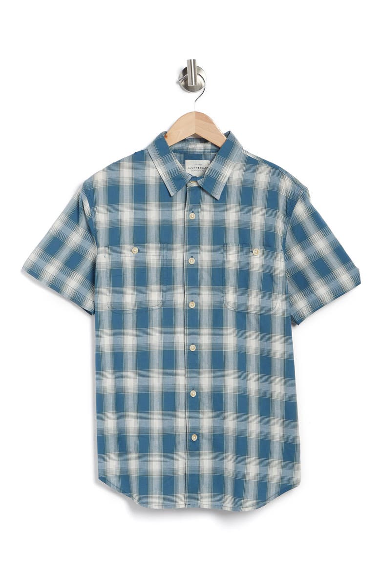 Mason Plaid Short Sleeve Stretch Cotton Button-Up Shirt, Alternate, color, BLUE/ WHITE