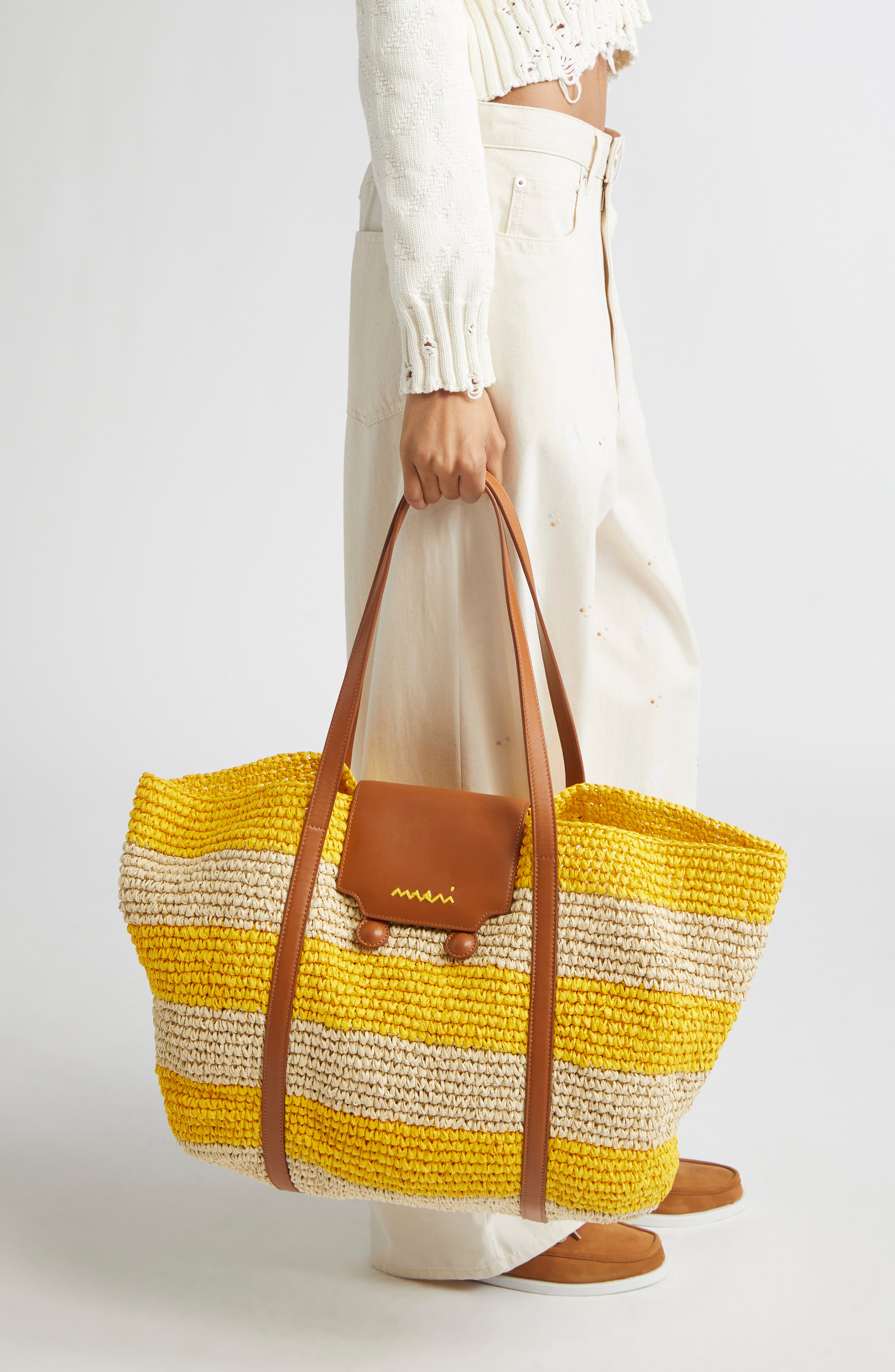 Marni Medium Trunkaroo Stripe Woven Tote, Alternate, color, Yellow