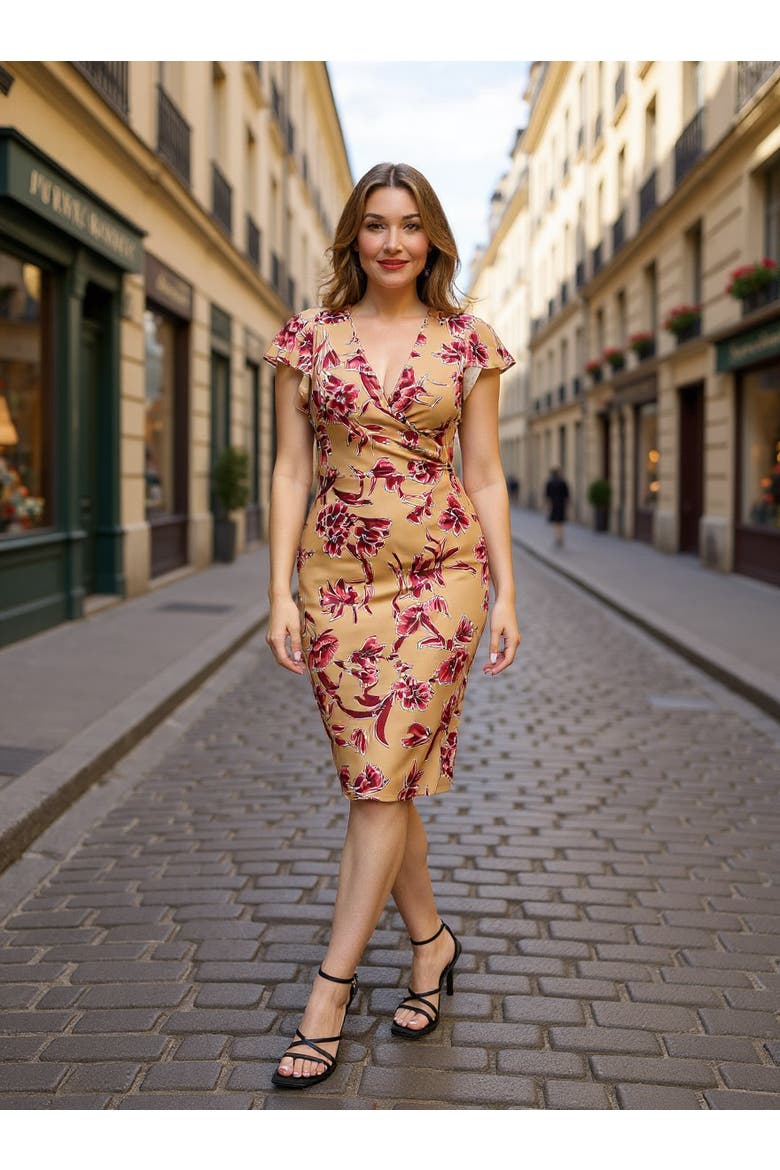 Womens Essential Flutter Sleeve Faux Wrap Knee Length Dress, Alternate, color, Beige Multi