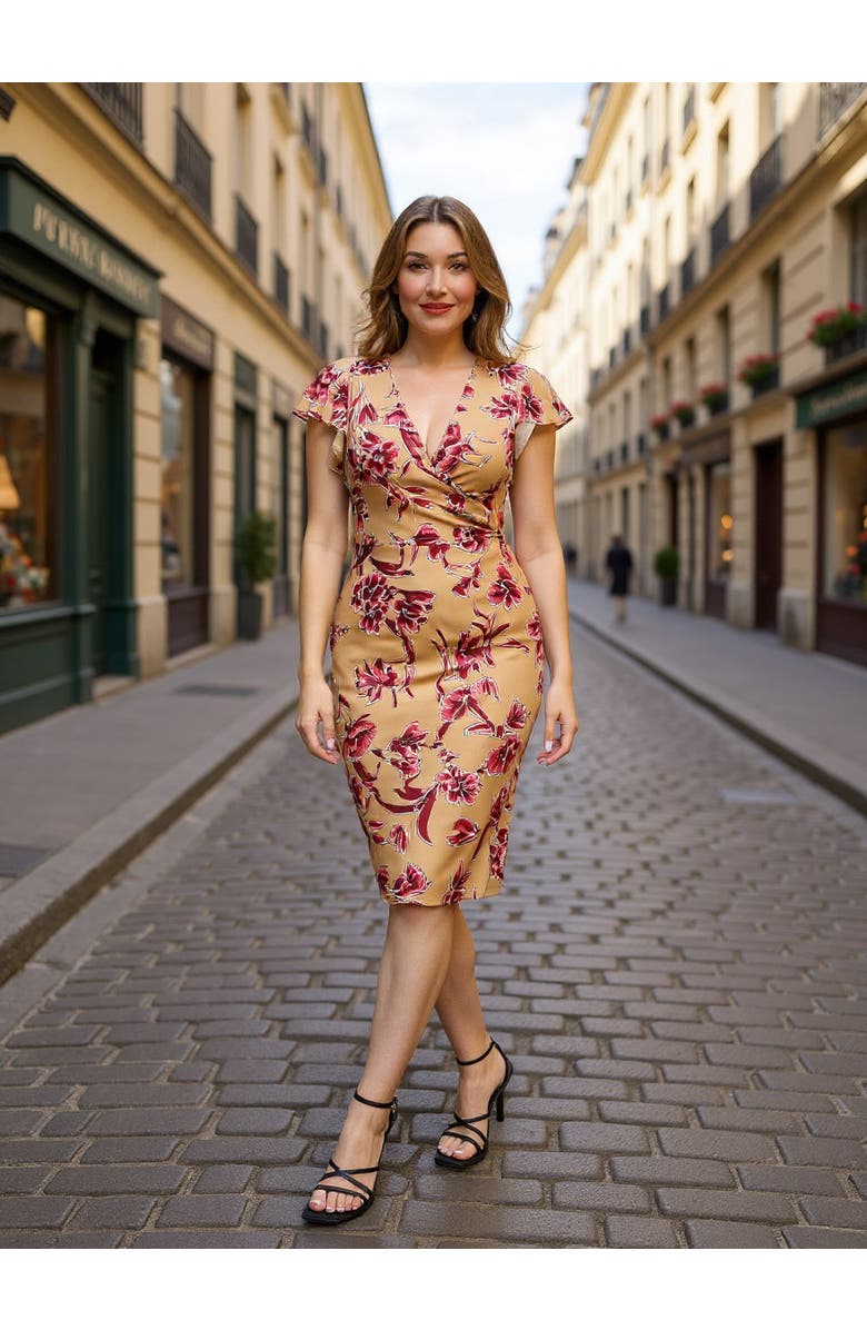 24seven Comfort Apparel Womens Essential Flutter Sleeve Faux Wrap Knee Length Dress, Alternate, color, Beige Multi