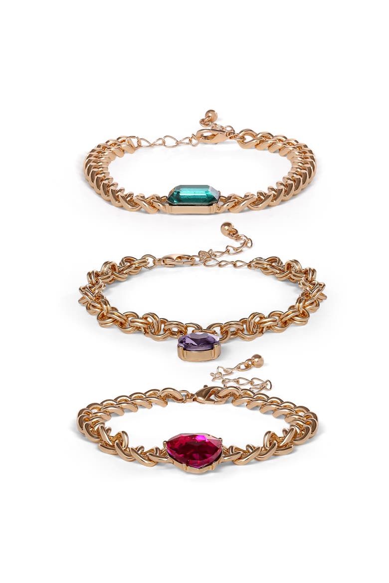 Gemstone Charm Chain Bracelet, 3-Piece, Alternate, color, Gold