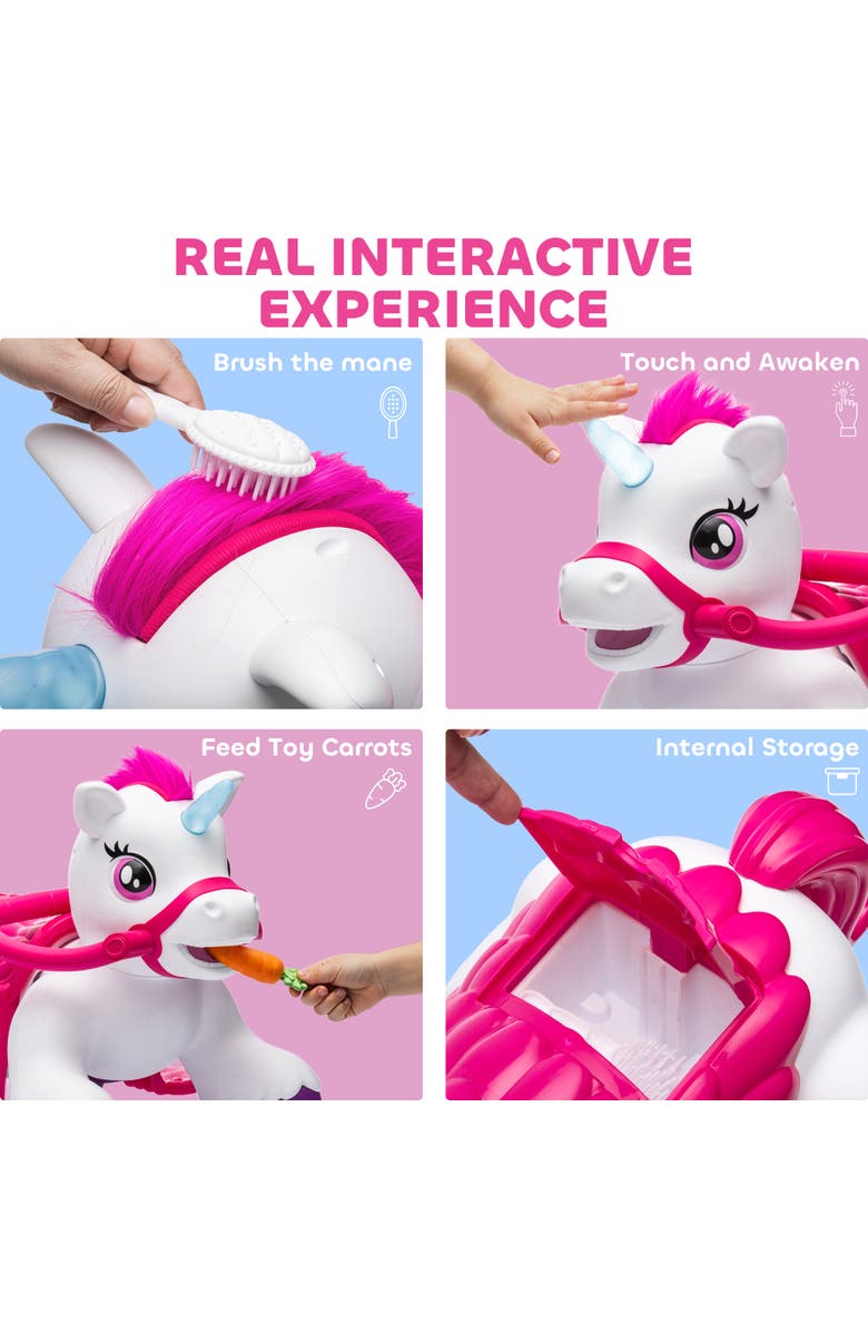 Qaba 12V Ride on Horse Battery Powered Ride on Unicorn Toy with Carrot Toy Comb Animal Sounds for Girls Boys Aged Years Old, Alternate, color, White