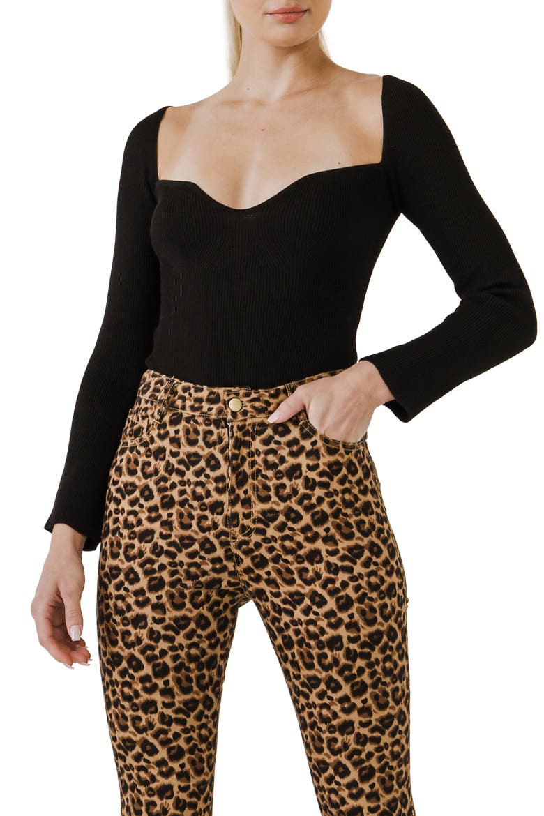Sweetheart Neck Long Sleeve Bodysuit, Main, color, BLACK